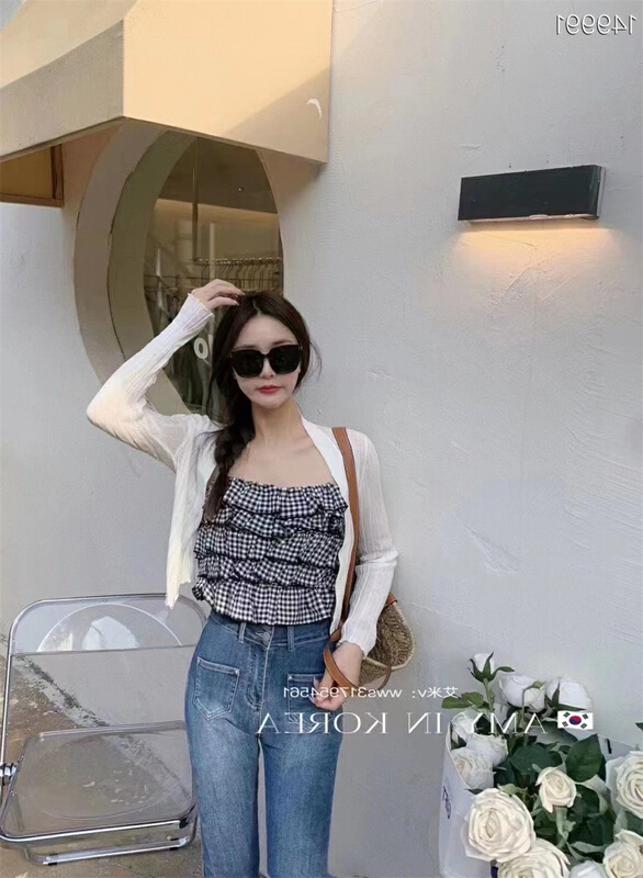 [FC] Korean Plaid ruffled suspender Vest + versatile sunscreen knitted cardigan set 1099# PCZ