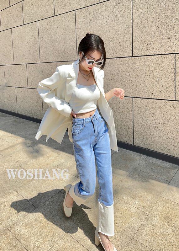 [woshang woshang] fashion high waist Capri Pants straight tube color matching design splicing jeans 1095# XYJ