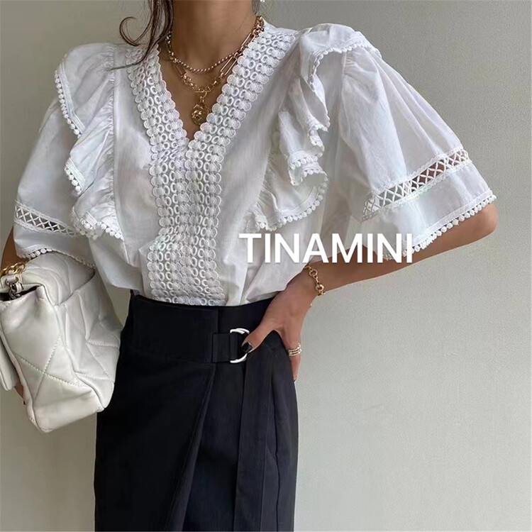 [Tina Mini] Korean Ruffle V-neck shirt 0170# hjy