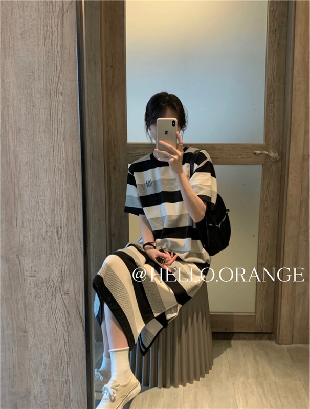 [orange] casual crew neck striped embroidered dress 8855# HBx