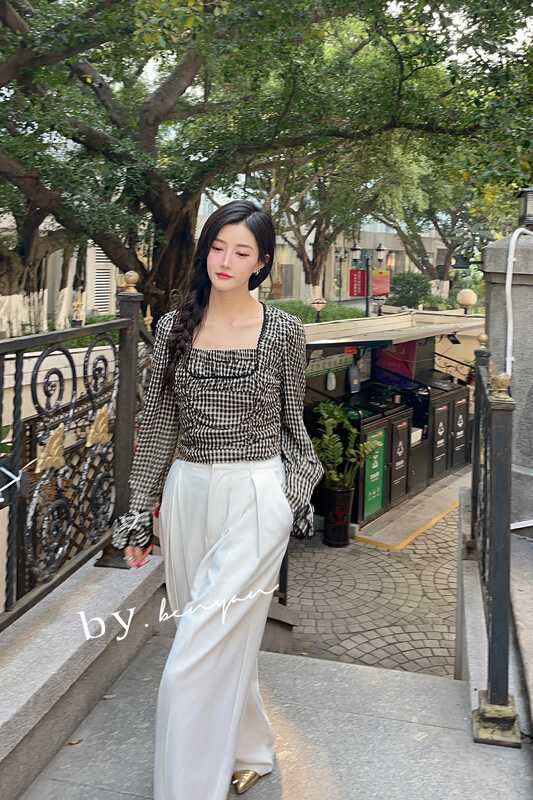 [benyan] Korean Plaid short square neck shirt 9855# zxx