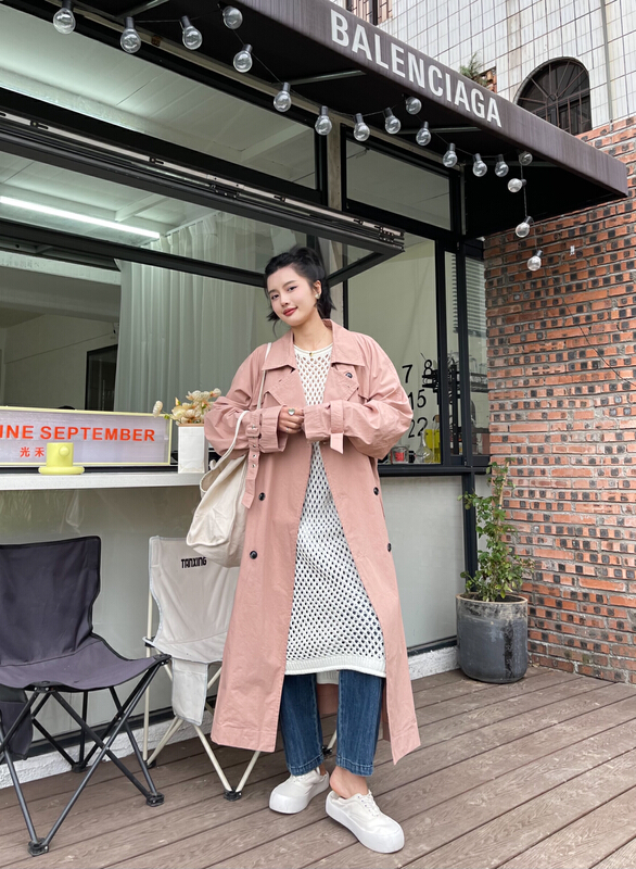 [Rin] fashionable double row button long windbreaker (with waist rope) 21039# cqw