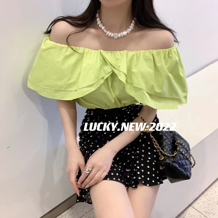 [lucky] ruffled straight neck off the shoulder temperament blouse 8778# zxx