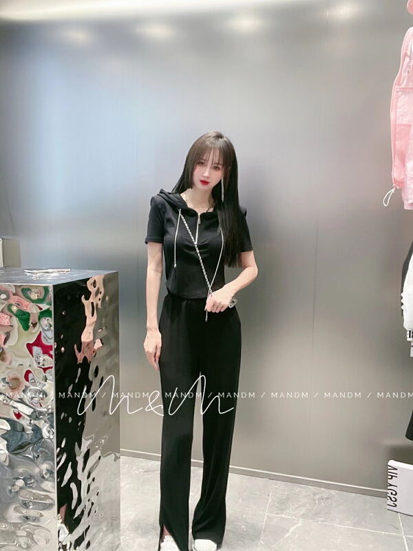 New in early summer! [M & M] Korean version hot girl slim short coat + high waist loose wide leg casual pants set 16329# PCZ