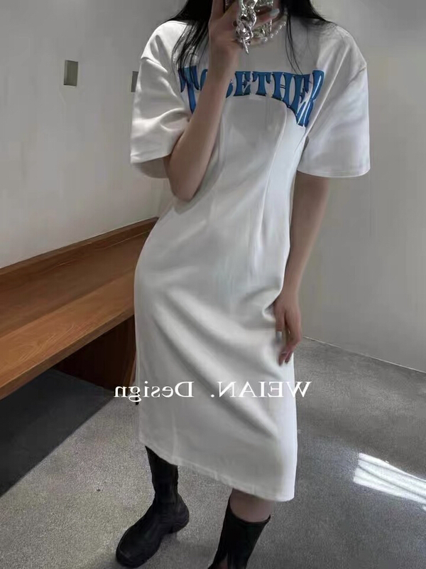 [c.h.z] simple style letter print waist closing versatile dress 90853# WTT