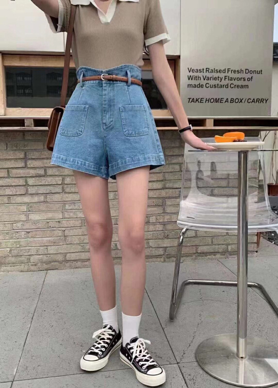 [queen] high waist double pocket skinny denim shorts (with belt) a59627# ozq