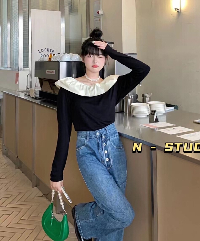 【N】 Lotus leaf collar color contrast temperament small shirt 0599# WTT