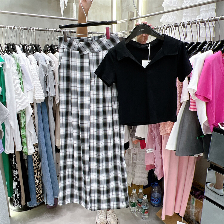 [mozr] slim fit simple short sleeve T-shirt + Plaid fashion casual pants set 9017# XYJ
