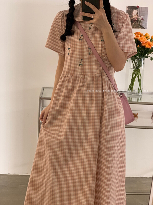 New in early summer! [from Anna] embroidered checkered lady dress 6146# LSW