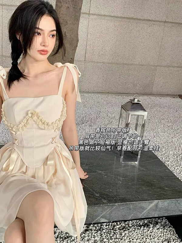 初夏上新!【L.L STUDIO】設計感時尚吊帶收腰連衣裙  7434#  PCZ
