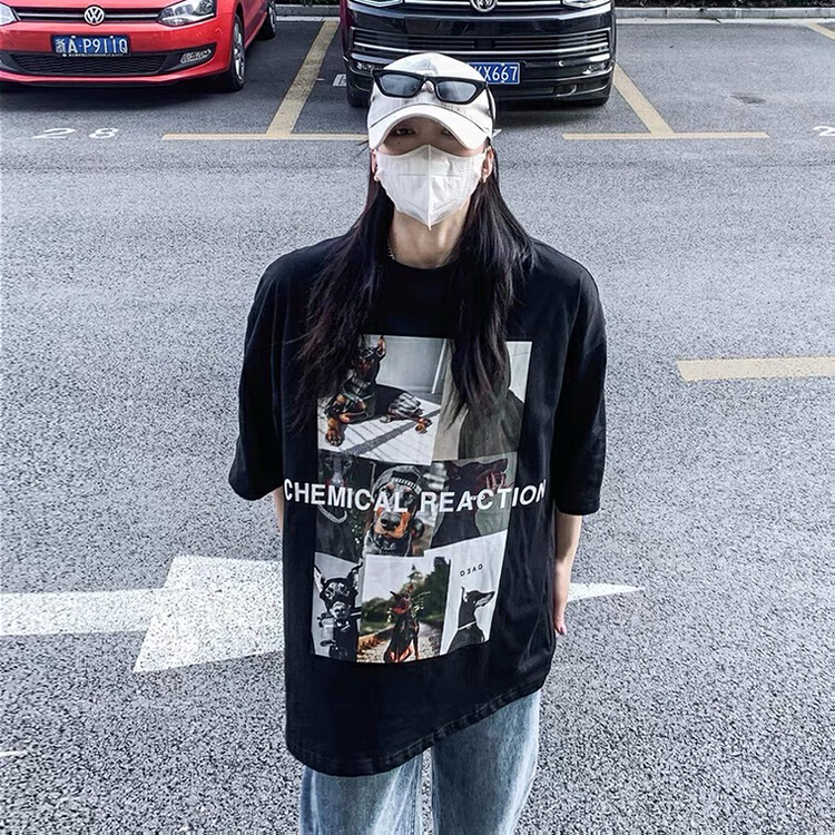 [kakamee] American fashion brand handsome Doberman spray painting large short sleeve T-shirt 3951# LSL