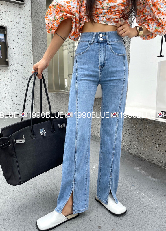 [blue] Korean high waist slit jeans 1990# hjy