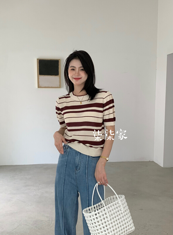 [Qiqi clothing house] small fresh blue stripe round neck pullover, wear a new color matching short sleeve thin sweater 342# XYY in summer