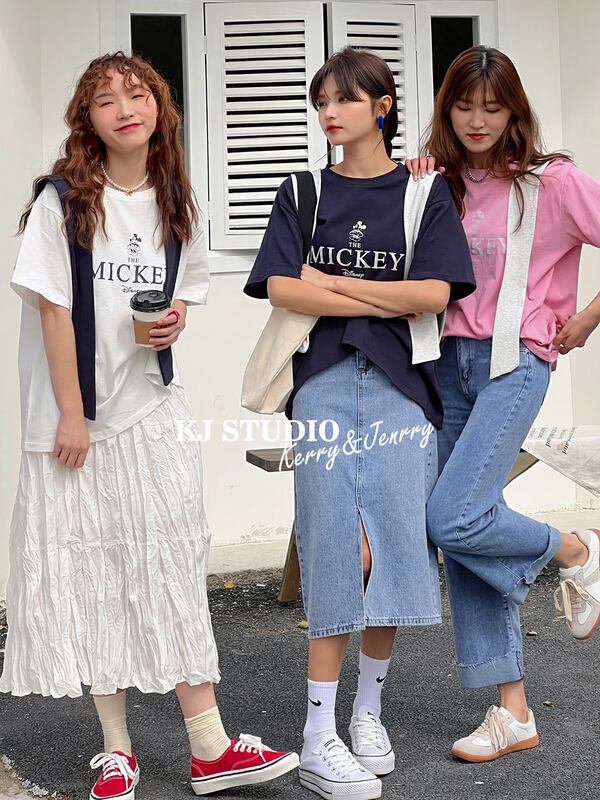 New year in early spring! [kJ] Navy style loose fit fake two piece splicing short sleeve T-shirt 3232# zxl