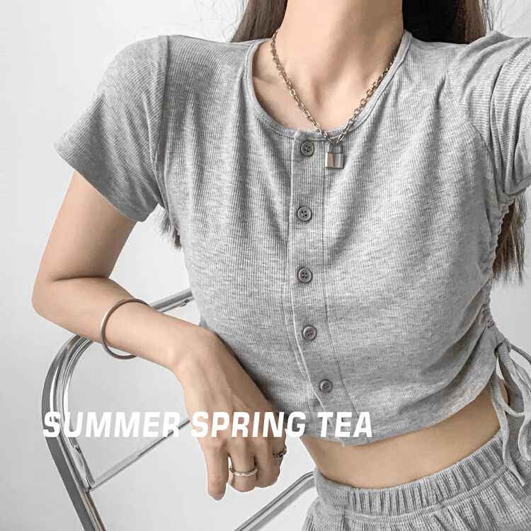 New in early summer! [blue show] design sense drawstring button short sleeve T-shirt 960# LSW
