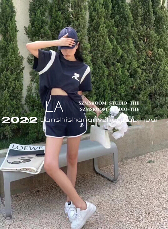 [laqssy] Korean color blocking loose short sleeve T-shirt + casual Shorts Set 90913# zyh