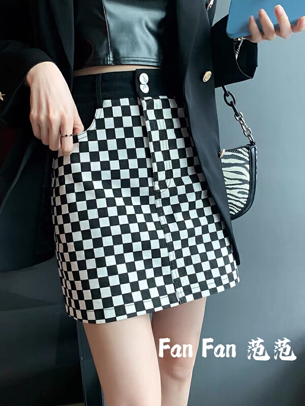 New year in early spring! [fan fan] Korean slim fit and slim fashion color matching lattice skirt 1060# JJ