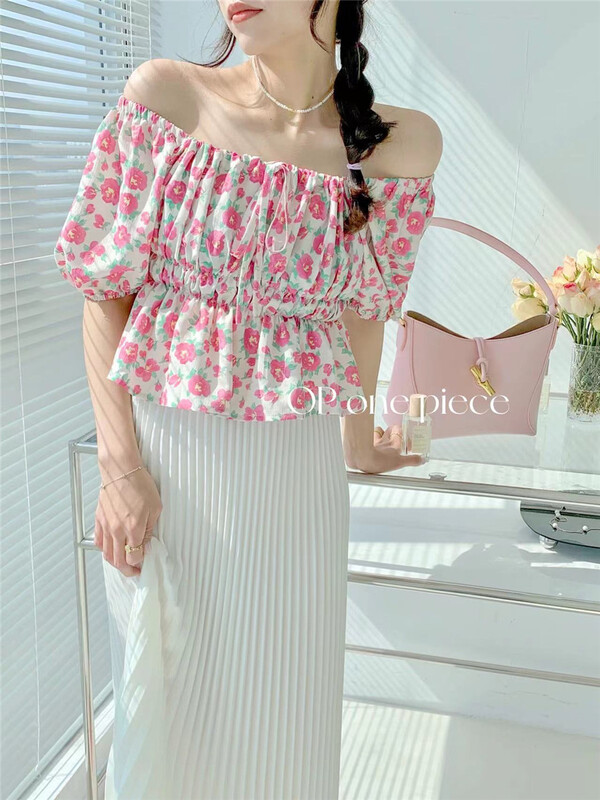 New in early summer! "OP ONE PIECE" Korean version of little woman broken flower shoulder shirt 60071# HJY