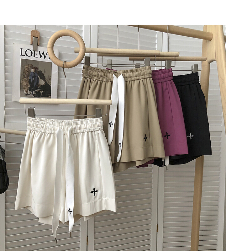New in early summer! [Gangan] Korean cross printed drawstring, high waist, wide legs, loose outer casual shorts 12232# Cl