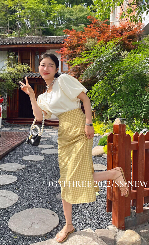 [033there] slim fit Plaid slim skirt 8127-1# ozq