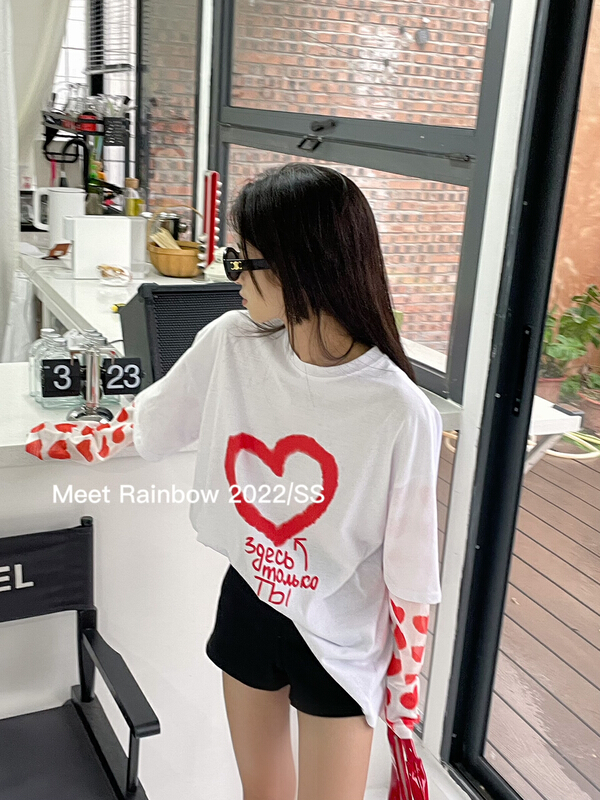 goods in stock! New in early summer! [Meet Rainbow] round neck loose fake two short sleeve T-shirt 28676# LSL