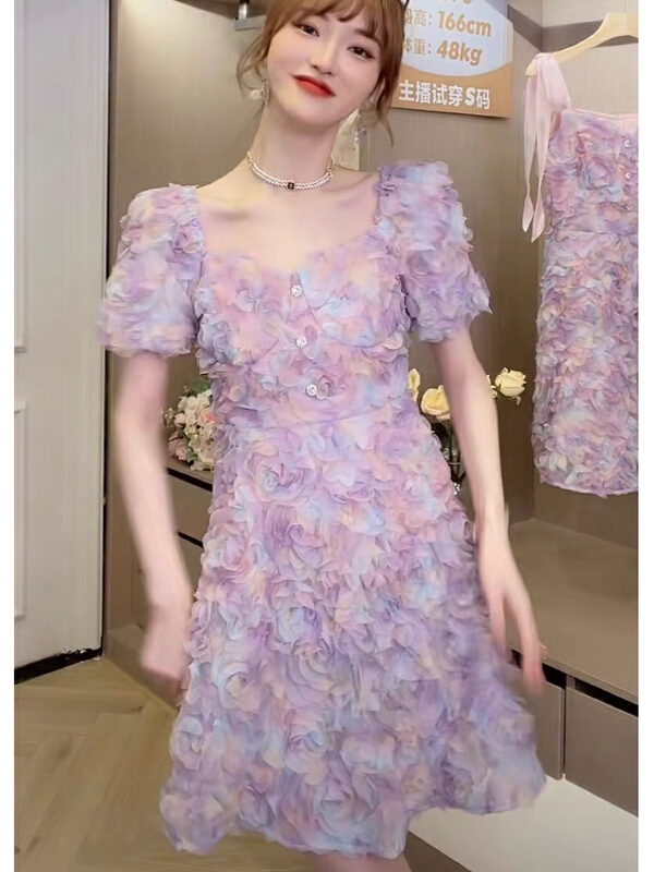 [Yingying Xinyi] lavender manor purple halo dyed three-dimensional flower dress 7287# Cl