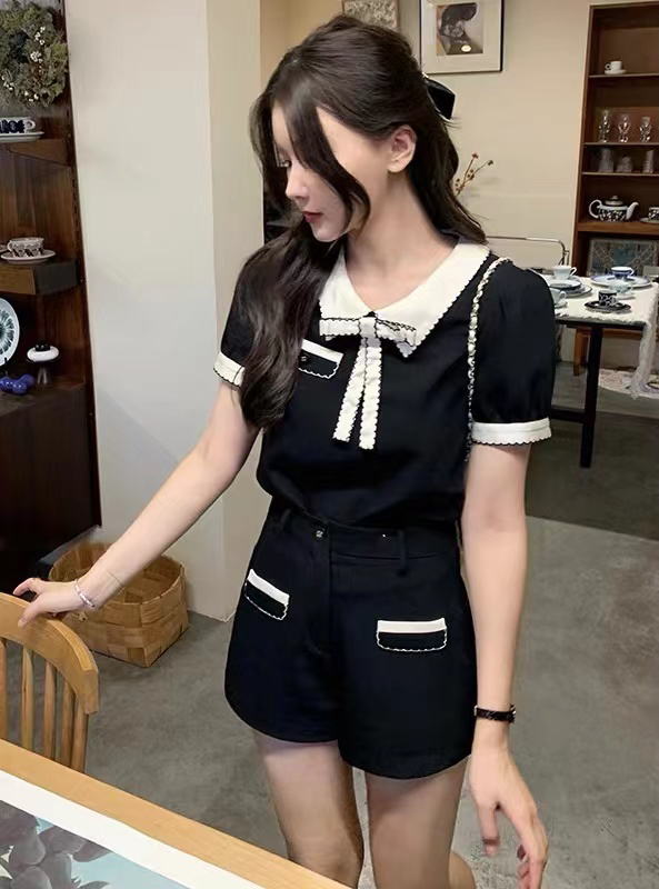 [are studio] small fragrant wind Lapel color matching shirt + versatile High Waist Shorts Set (with Brooch) 81139# zxx