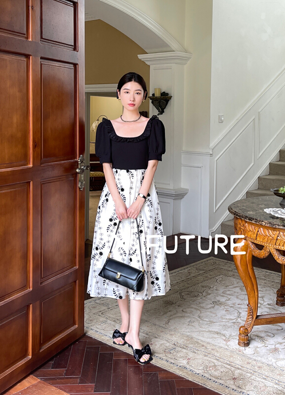 [x.future] French Vintage flounce stitched print dress j8073# zxx