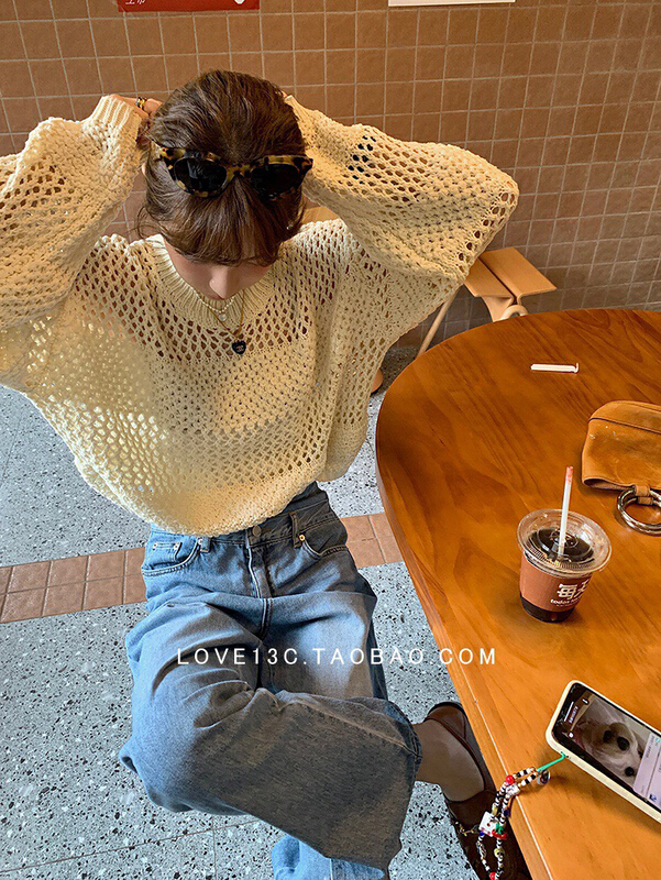 New year in early spring! [wgwe] Vintage niche solid color heavy industry hollow out sweater 1048# PCZ