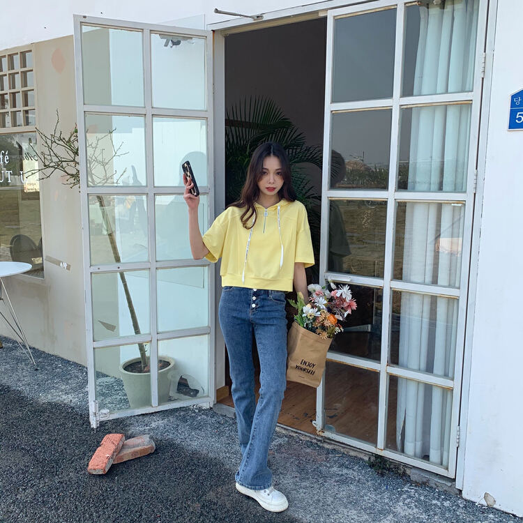 Early spring! [qixuan'er] Korean half zipper hooded short sleeve T-shirt 2603# LSW
