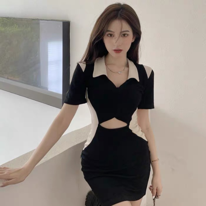 [L.L studio] Korean polo collar stitched hollow out Hip Wrap Dress 7638# PCZ
