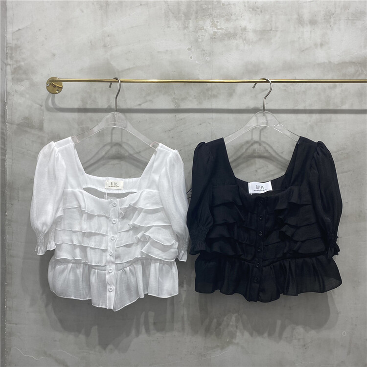 New in early summer! [8lei5 ballet] French style square neck bubble sleeve single breasted shirt ys1-937# WPL