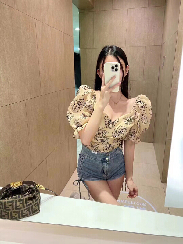[Danling] Korean printed bubble sleeve waist closing blouse 1062# PCZ