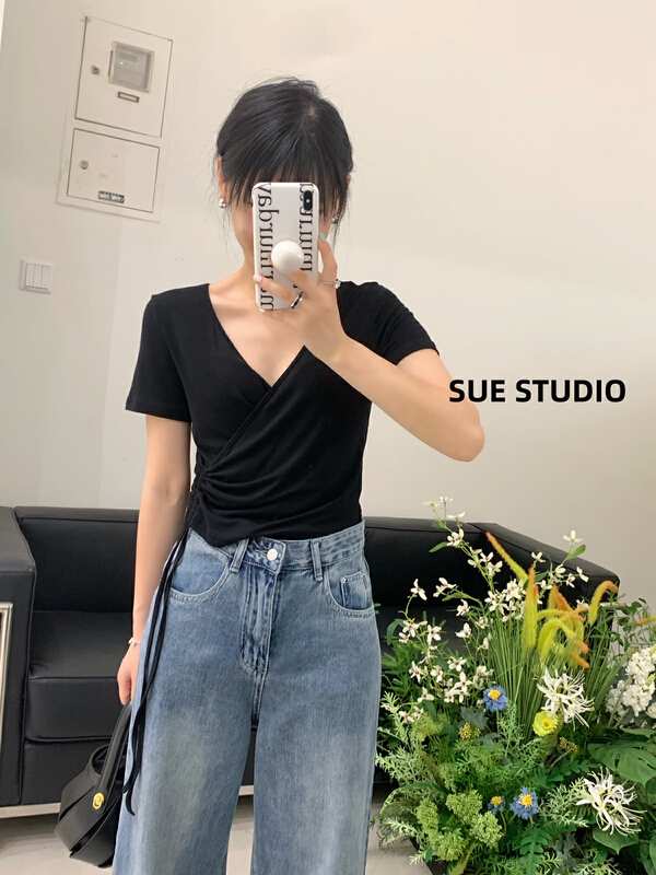 New in early summer! [Sue studio] large V-neck Side Tie Shirt n22217# zjy