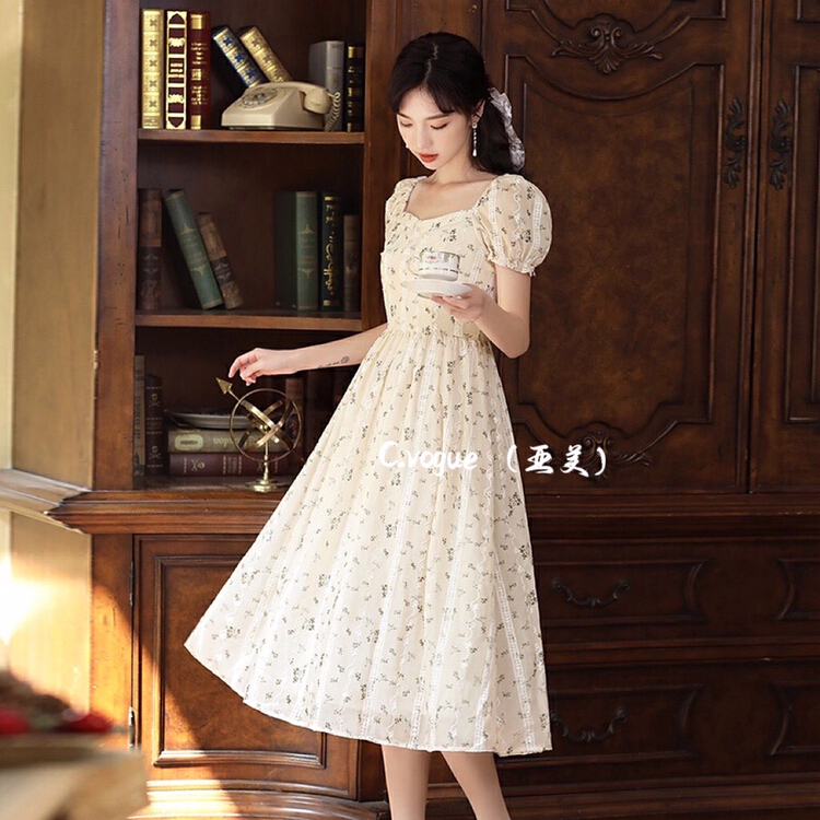 [c.vogue] square neck high waist floral dress 2362# PCZ