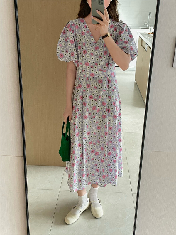 [feeding] Korean floral bubble sleeve slim dress 8897-a6# cqw