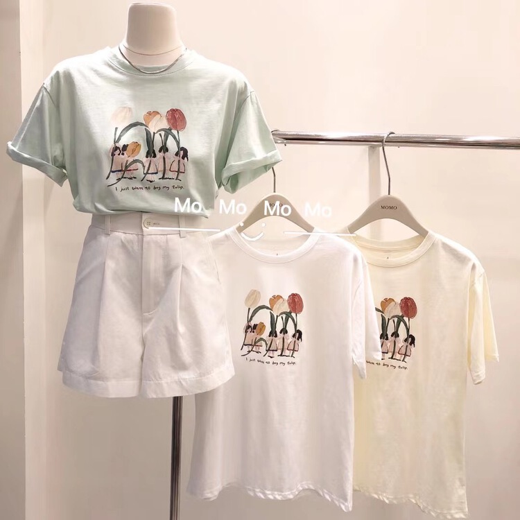 New in early summer! [Momo] Korean casual tulip printed short sleeve T-shirt 3872# HBx