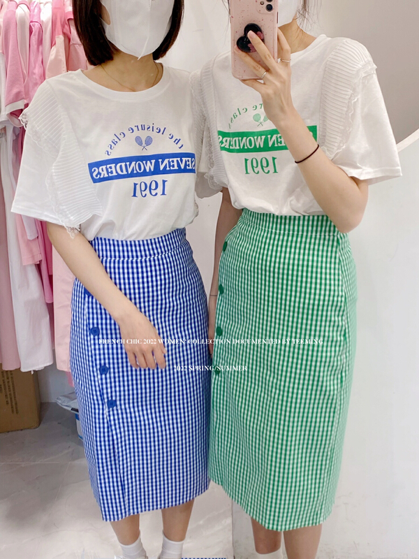 [teem ing] fashionable and versatile letter short sleeve + Korean slim plaid skirt set 22t251# hjy