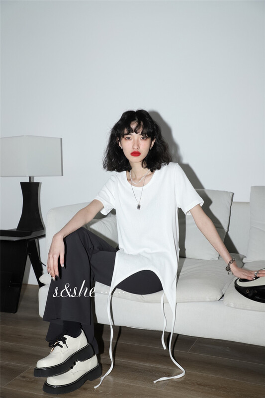 New year in early spring! [S & she] niche design lace up loose short sleeve T-shirt st1020# hyy