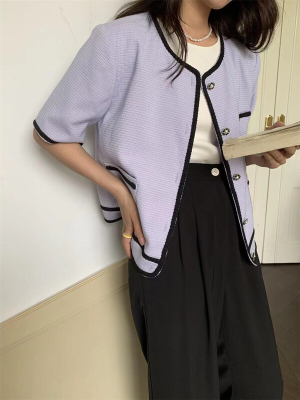 [emoni] check round neck short sleeve jacket 10796# CLS