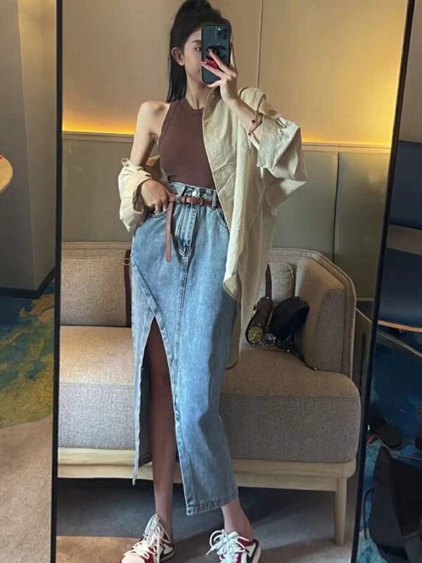 [by flow] slit temperament slim skirt (with belt) w617# XYY