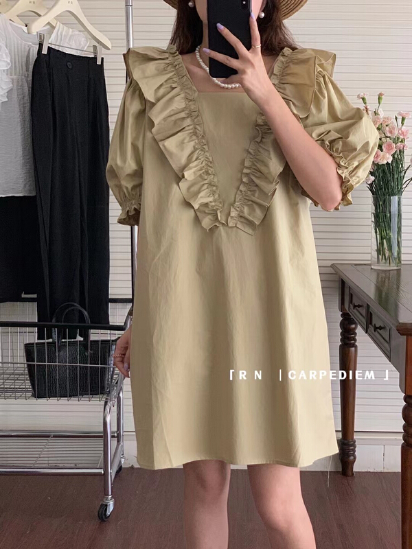 [R n] Korean version age reducing loose lace up bubble sleeve dress 81090# ll