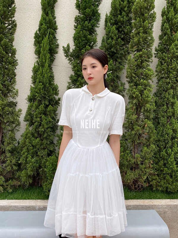 New in early summer! [neihe] Polo Lapel short sleeve stitched gauze puffy dress 22156# zxx
