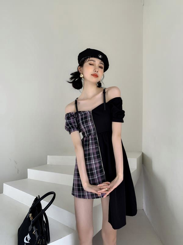 New in early summer! [AC] playful Spice Girl irregular Plaid stitching dress 6803# JJ
