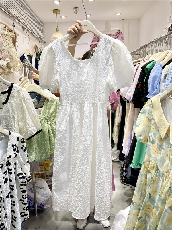 [amega] square neck nail bead bubble sleeve dress 6969# HBx