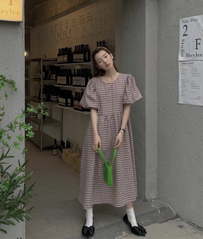 [Las celula] Korean Vintage round neck Bubble Sleeve Plaid Dress 7386# zxx
