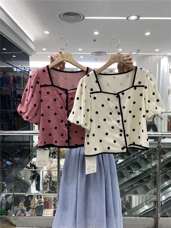 [gusA] French style short style Polka Dot blouse 6148# WPL