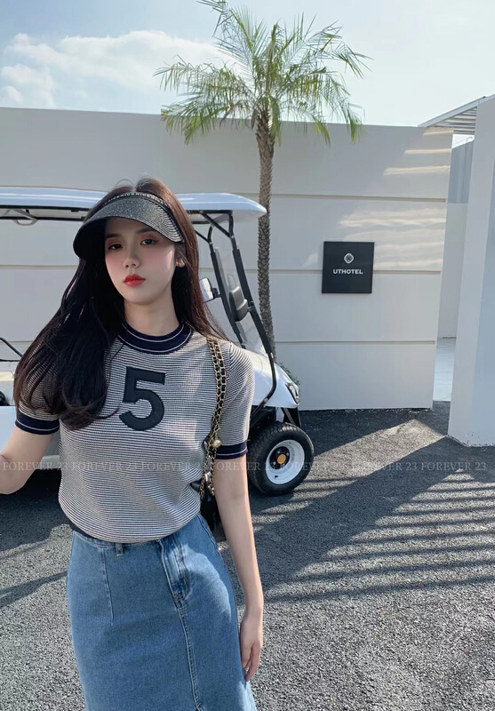 New in early summer! [forever23] xiaoxiangfeng stripe digital 5 T-shirt a7005# hjy
