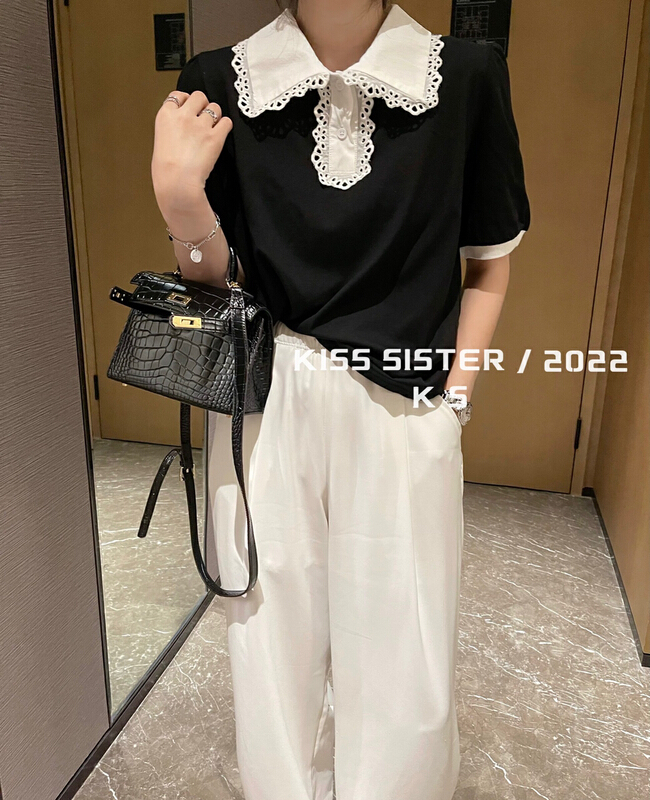 [kiss sister] Korean lace Lapel polo shirt 9190# ozq