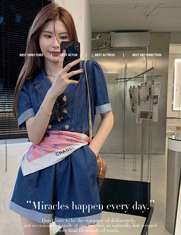 goods in stock! New in early summer! [y.jia Yijia] temperament V-neck simple denim one-piece pants (with belt) ys2-9979# PCZ